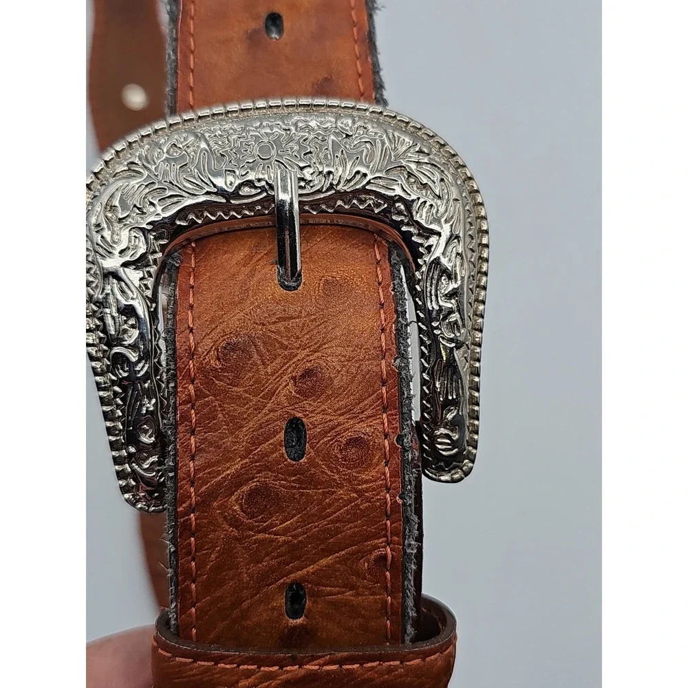 Vintage Western Brown Leather Belt Silver Conchos Ornate Buckle 38-42